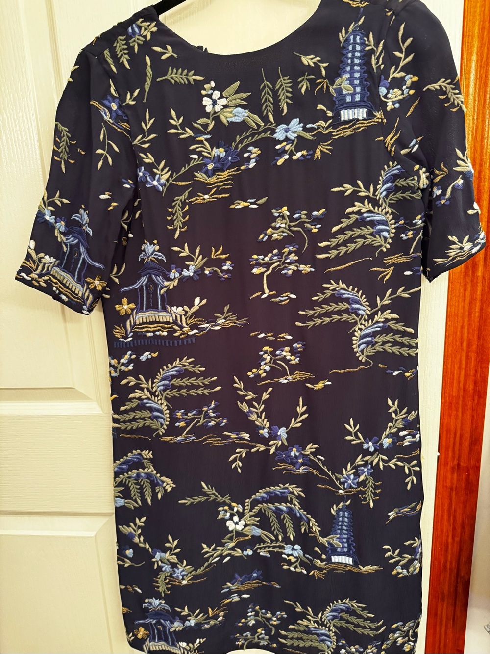 Embroidered Navy Floral Midi Shift Dress